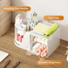 Organizador de Mesa Porta Caneta com 2 gavetas e giratório