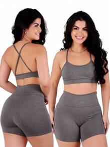 Work Fitness Kit 2 Set Of Backless Top With Cross Straps And Basic Premium Bermuda Shorts - Grey - View 1