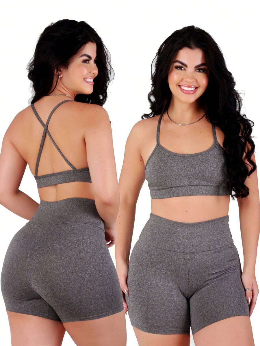 Work Fitness Kit 2 Set Of Backless Top With Cross Straps And Basic Premium Bermuda Shorts - Grey - View 1