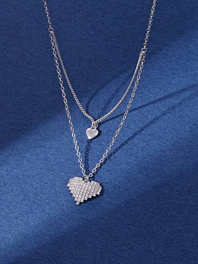 1pc Elegant Fashionable Cubic Zirconia Silver-Plated Double Heart Pendant Necklace, Suitable For Women's Daily Wear