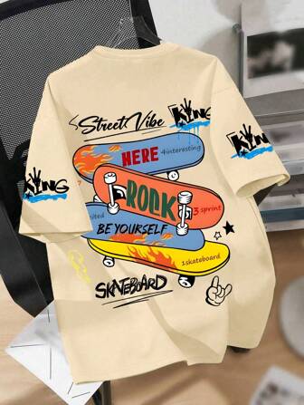 Tween Boy Skateboard Print Crew Neck T-Shirts Summer Boy's Casual Tee Soft Tops