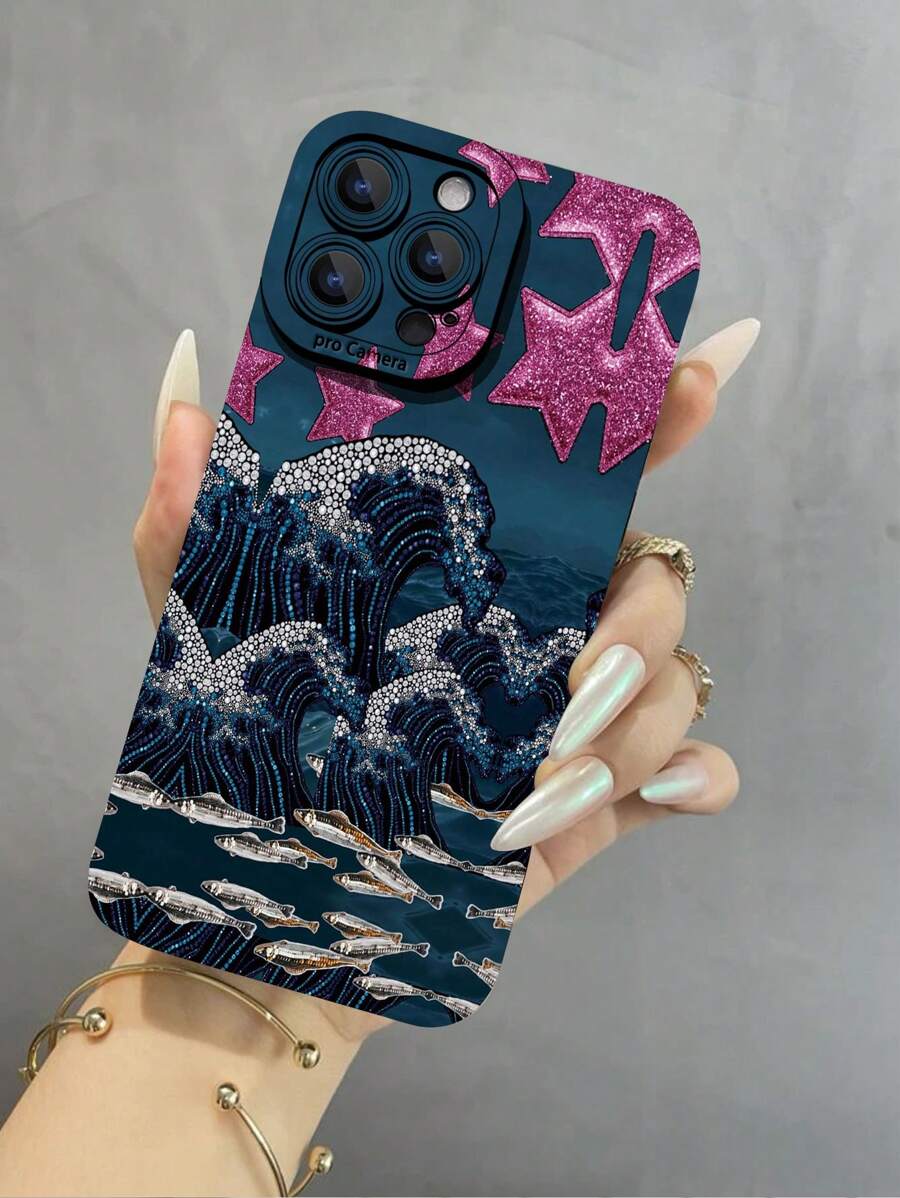 1pc Glossy Starfish & Wave Pattern Textured Soft Protective Phone Case Compatible With Iphone And 15/15 PLUS/15 PRO/15 PRO MAX, Rhinestone Blue