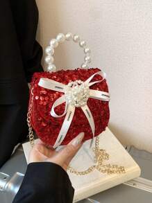 Pu Magnet Closed Fashion Bow Sequin Pearl Handbag Bag, Niche Design Exquisite Girls Lipstick Dinner Chain Bag Comfortable Sweet Fashionable One-Shoulder Crossbody Mini Bag, Smooth And Versatile And Not Picky, Suitable For Daily Outings, Play, Use The Perfect Gift For Girls, Friends, And Relatives. - Pearl Handbag - View 14