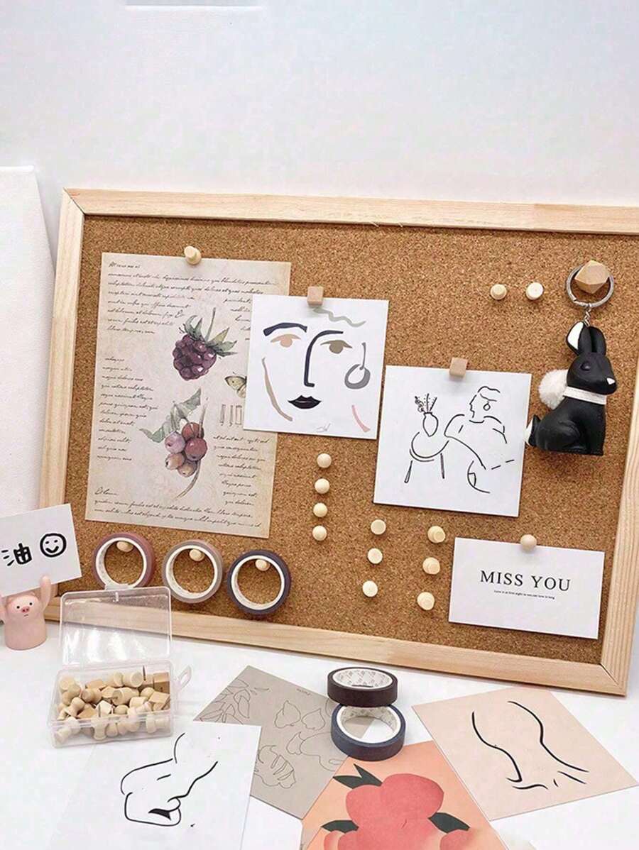 1pc Cork Bulletin Board, Cork Panel With Oak Wood Frame, Decorative Pin Board For Office And Home, Message Board Or Vision Board For Home And School Home Decor Back To School Room Decor School Supplies - Beige - View 1