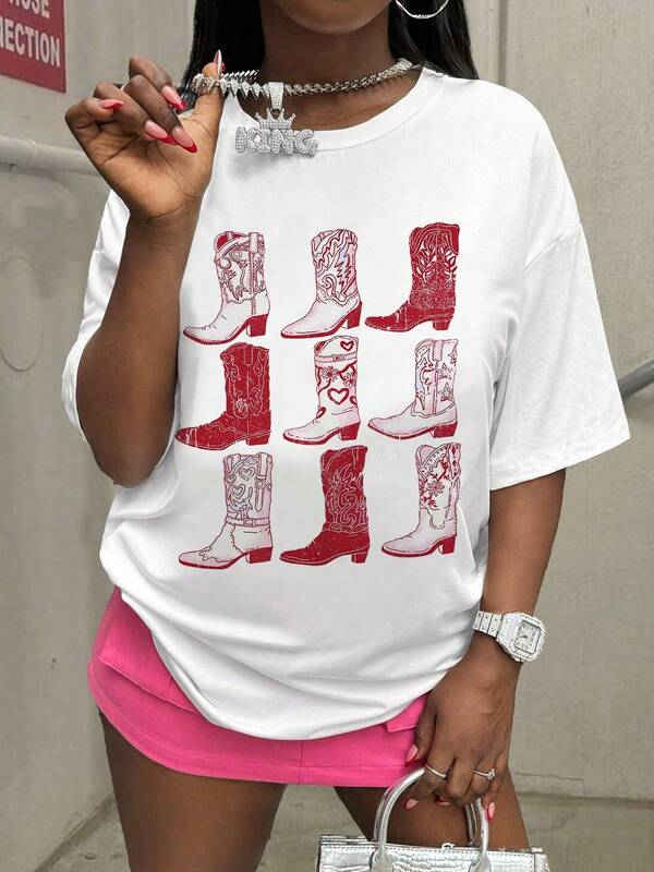 Women's T-Shirts Summer Graphic Tee Plus Size Red Boots Printing Cool Style Retro Short Sleeve Round Neck Casual Leisure Summer Spring Tshirts Simple Style Tops