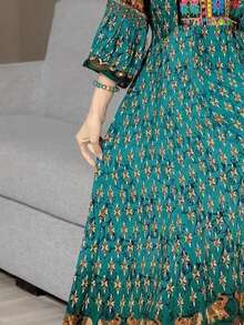 波西米亚风刺绣印花连衣裙，复古休闲度假风春假装 - 綠色 - 查看 6