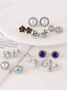 15 Pairs/Set Non-Pierced Earrings, Includes Black Flower Earrings, Blue Cubic Zirconia Ear Clips, Versatile Geometric Cubic Zirconia And Pearl Earring Sets - Multicolor - View 8