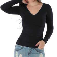 Women's Long Sleeve V-Neck Blouse In 100% Cotton Fabric - 黑色 - 查看 1