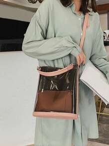 透明果冻托特包套装，女士休闲沙滩包，时尚百搭手提包，单肩斜挎包 - 粉色 - 查看 5