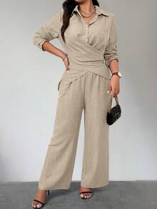 سيت مكون من طبقات قماش الكتان المزيّف للمقاسات الكبيرة - كاكي - مشاهدة 4