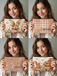 1pc Easter Rabbit Wreath, Butterfly & Letter Linen Print Cosmetic Bag, Cute Travel Makeup Pouch And Multifunctional Coin Purse, Lightweight Gift For Women