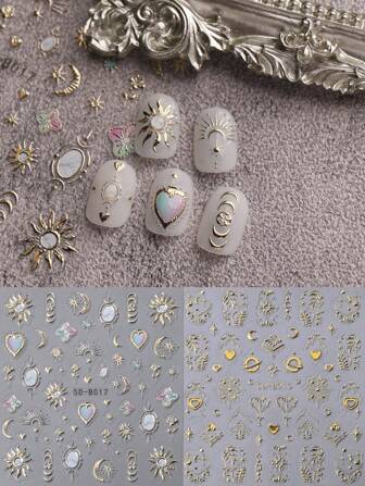 2 Pieces Of Star Moon Gold Relief Nail Art Stickers, Star Moon Exquisite Nail Art Relief Stickers Decals, Printed 5D Self-Adhesive Nail Design, Suitable For Acrylic Nails, Menu Products For Women And Girls, Holiday Gifts,Ramadan Festival