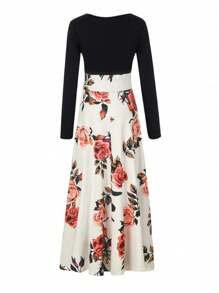 Women's Long Sleeve Floral Dress, Women's Round Neck Hawaiian Long Dress, Women's Stretch Dresses, Floral Holiday Party Dresses, Skirts, Casual Long Dresses - 黑色 - 查看 7