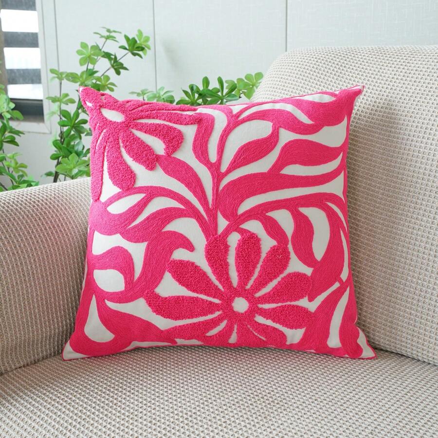 1 pieza Funda de cojín de lona con diseño de bordado floral - Rosa Fucsia - Ver 1