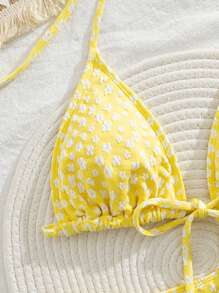 Sultry Sol Conjunto de bikini con detalles de lazo y estampado floral pequeño para mujeres, moda adorable y dulce para playa, vacaciones de verano y fiestas - Amarillo - Ver 6