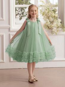 Young Girl Elegant Mint Green Bow Tulle Princess Dress, Suitable For Birthday Party, Casual Outing, Stage Performance, Holiday Celebration