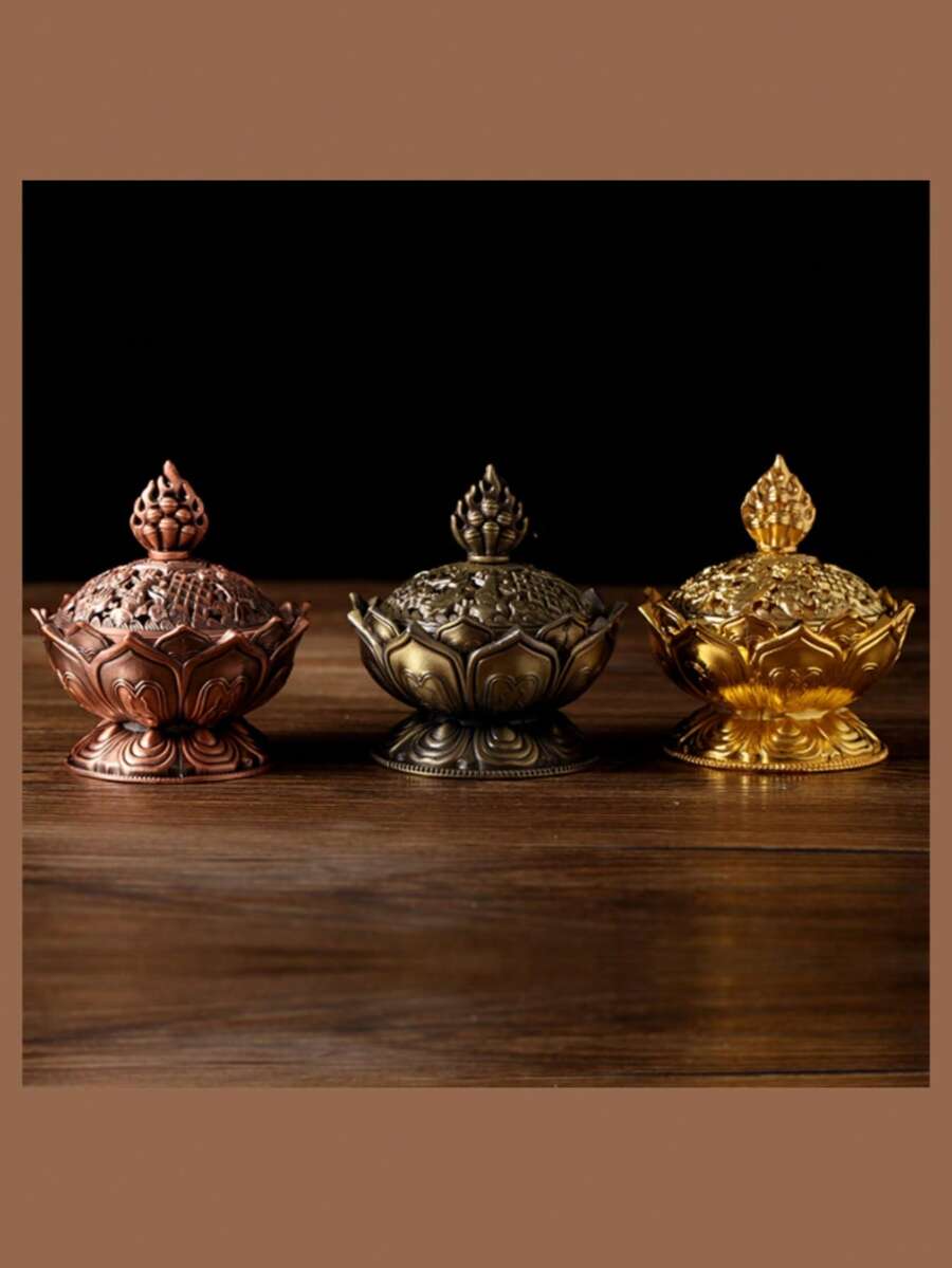 Auspicious Hollow Lotus Mini Incense Burner, Sandalwood Incense Burner, Zinc Alloy Incense Burner Vintage Reflux Ashtray, Bronze Home Decor, Suitable For Office, Meditation Room, Camping, Garden, Yard, Yoga And Home Use, Suitable For Incense Sticks And Cones, Incense Ash Collector.