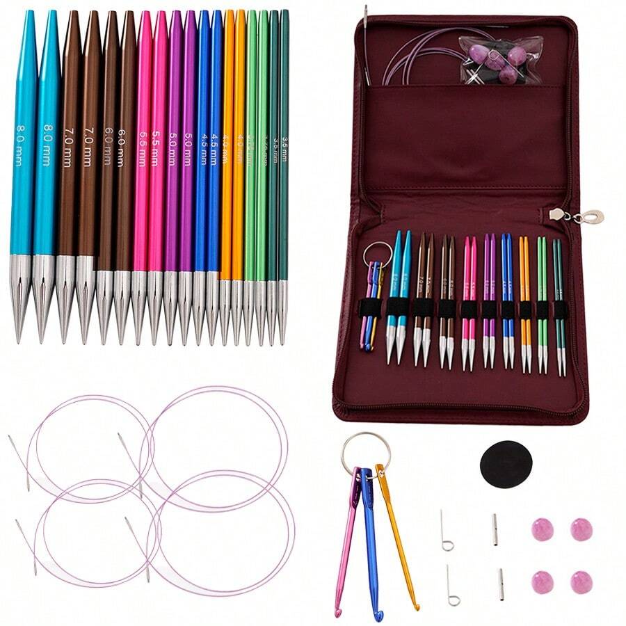 [编织针套装] 带人体工程学手柄的铝制圆形编织针套装，9 种尺寸和便携式钩针钥匙扣（3/4/5 毫米），可互换钩针带收纳盒，适用于小型项目 - 彩色 - 查看 1