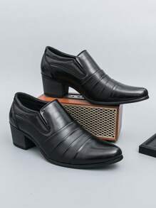 Men's Business Formal Pointed Toe High Heel Elevator Leather Shoes - Black - View 1