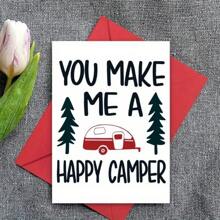 1pc Happy Camper Greeting Card With Envelope – Woodsy Camping Design Featuring Pine Trees & Red Camper, Perfect Gift For Family, Friends, Hikers, And Camping Enthusiasts, Ideal For Any Occasion