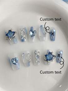 10 piezas de uñas postizas personalizadas, uñas cuadradas cortas, diseño de arte de uñas de primavera y verano, diseño de degradado azul con estampado de estrella y corazón de cristal, accesorios de uñas desmontables y reutilizables, polvo y brillo de uñas, adecuado para niñas, para usar en el escenario, fiesta de baile, fiesta, boda, vacaciones; uñas personalizadas; texto personalizado; imágenes personalizadas.