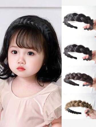 SHDanrtsey 1件装儿童编织假发发箍，一体式宽边编织发箍，扭辫假发一体式儿童编织发箍，鱼骨辫发夹，女孩高冠压力发箍