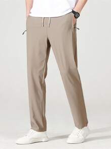 男友风格男士宽松轻便运动裤，带拉链口袋，1 条冰丝弹力速干抽绳，适合徒步、慢跑、骑自行车、户外健身