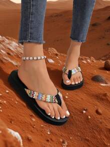 Women's Thong Sandals With Colorful Woven Fabric Straps, EVA Flat Sole, Soft And Comfortable, Suitable For Outdoor, Beach, Travel - Color - View 5