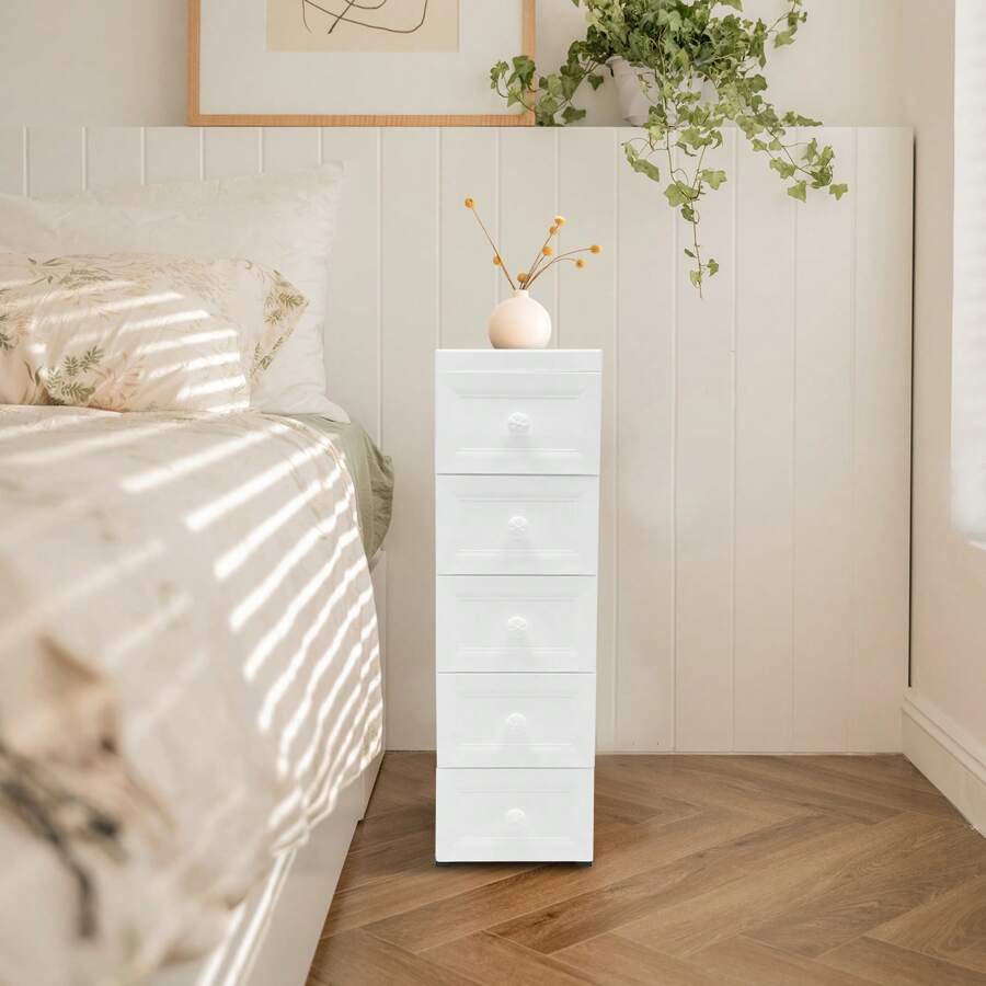 White Chest Of Drawers Narrow Cabinet With Five Drawers Mobile Storage Space With Wheels Dimensions: 25 * 34 * 82 Cm - trắng - Xem 1