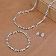 Cubic Zirconia 3pcs Jewelry Sets Women Silver Color Stud Earrings Tennis Bracelet Necklace Sets Bridal Wedding Party Jewelry Holiday Vacation Accessories Gift For Female Wife Girlfriend Offic Lady