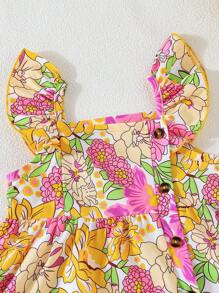 Set de 2 vestidos de verano para niña, uno con estampado floral y otro de unicolor con decoración de botones, conjunto casual para uso diario