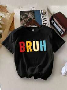 男童 BRUH 图案圆领短袖T恤，休闲春夏童装 - 黑色 - 查看 7