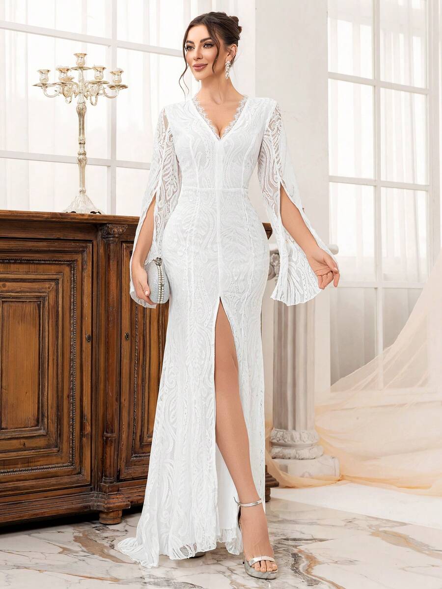 Lace V-Neck Long Sleeve Simple And Fashionable Wedding Dress With High Slit