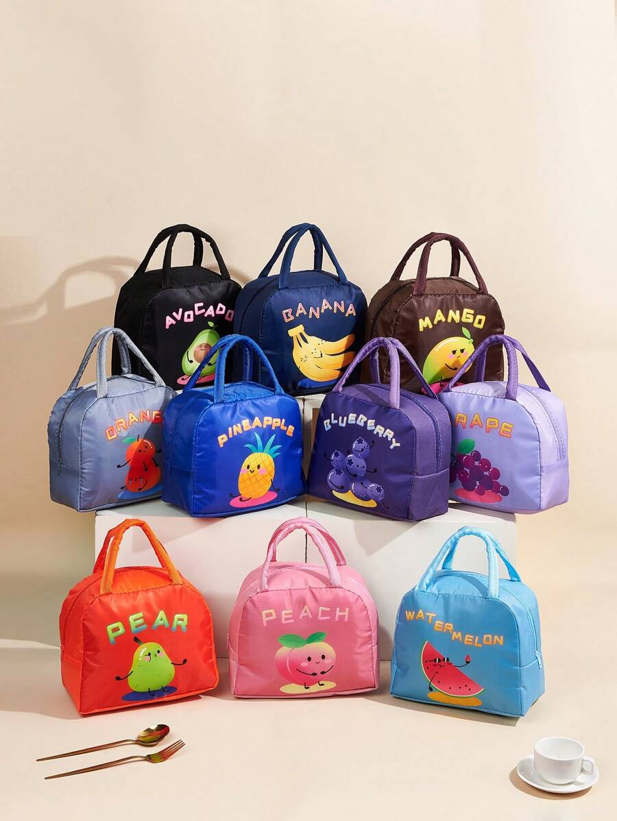 1pc Cartoon Fruit Print Insulated Lunch Bag, Large Capacity Student Bento Box Pouch, Waterproof Zipper Closure - Multicolor - View 1
