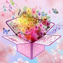 1 件 3D 花卉图案贺卡紫色花朵蝴蝶手工卡片装饰摆件，适合妈妈生日礼物、周年纪念礼物、母亲节装饰摆件、给妈妈的惊喜（无声源） - 彩色 - 查看 3