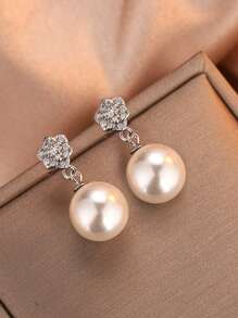 1 Pair S925 Sterling Silver Flower Pearl Drop Earrings, Elegant & Charming Design For Women, Boho Jewelry, Gift For Mother On Mother's Day