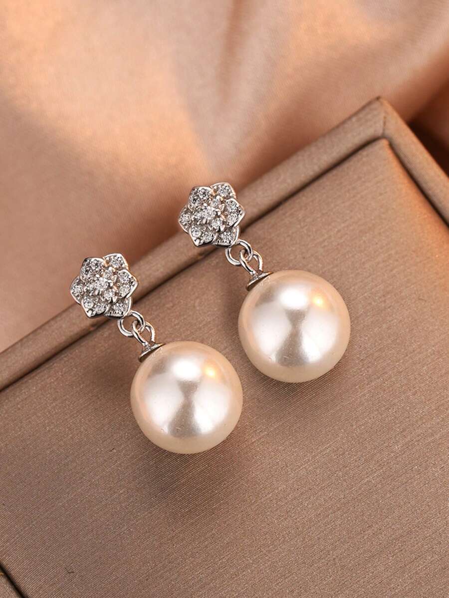 1 Pair S925 Sterling Silver Flower Pearl Drop Earrings, Elegant & Charming Design For Women, Boho Jewelry, Gift For Mother On Mother's Day