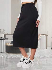 Elastic High Waist Maxi Skirt For Women Drawstring Solid Color Slit Back Skirts - màu đen - Xem 2