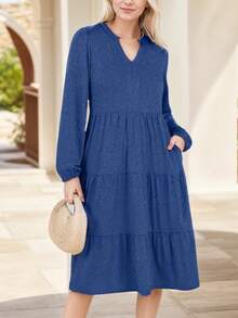 SANOPY Dresses For Women,Casual Dresses For Women,Long Dresses For Women,Chic Casual V Neck Long Sleeve Midi Dress Loose Fit Tiered Dresses - 藏蓝色 - 查看 5