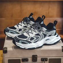 男士新款撞色低帮网眼透气厚底跑步运动鞋防滑百搭舒适除臭休闲运动厚底运动鞋 - 白色 - 查看 1