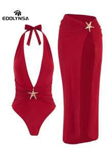 Set de 2 piezas para playa y piscina: Traje de baño con estampado de estrella de mar y falda larga con abertura alta - Rojo - Ver 4