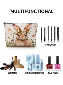 1pc Easter Rabbit Wreath, Butterfly & Letter Linen Print Cosmetic Bag, Cute Travel Makeup Pouch And Multifunctional Coin Purse, Lightweight Gift For Women