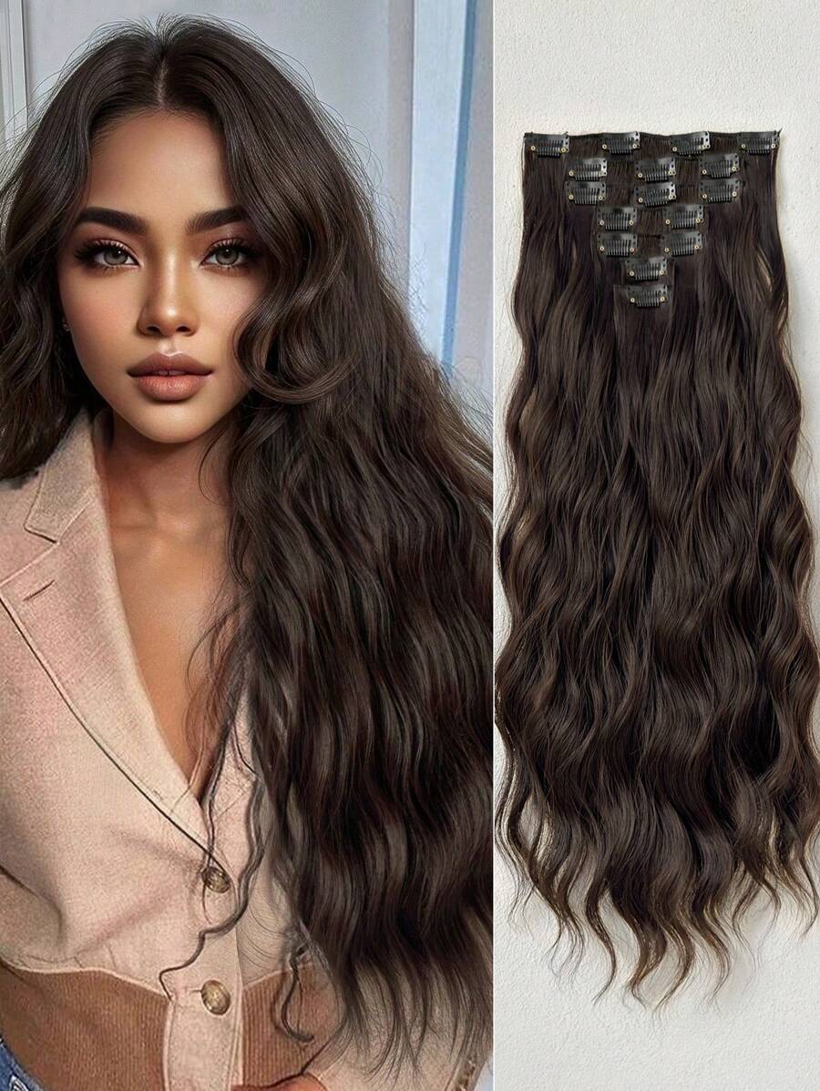 Clip In Hair Extensions Brown Color 16 CLips 24 Inch Long Water Wave Hair Extension For Girl Women Full Head Synthetic Hair Extensions Hairpieces - Brown - View 1