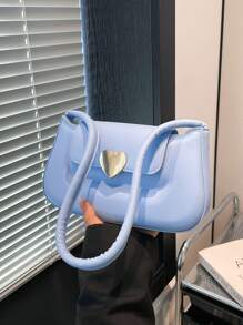 1pc Minimalist Solid Color Magnetic Heart Decor PU Zipper Shoulder Bag, Fashion Women Handbag For Work, Dating, Shopping