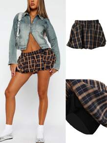 Y2K Women's Sexy Bubble Mini Plaid Low Waist A-Line Pleated Puff Skirt With Shorts - Navy Blue - View 1