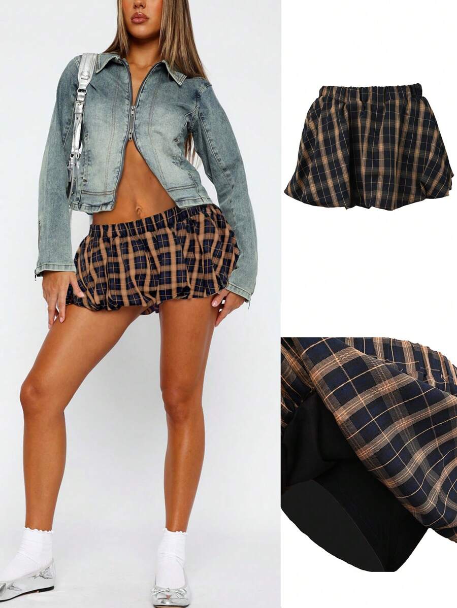 Y2K Women's Sexy Bubble Mini Plaid Low Waist A-Line Pleated Puff Skirt With Shorts - Navy Blue - View 1