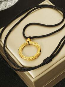 1pc Fashion Minimalist Stainless Steel Unique Nezha Circle Pendant Necklace, Handmade Braided Rope Vintage Chinese Style Auspicious Cloud Charm Necklace, Daily Wear Or Gift For Women