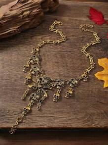 1 件男女通用骷髅头流苏项链，多层骷髅头合金装饰项链，夸张复古骷髅头流苏多层项链，适合万圣节、化装舞会、装饰 - 銅色 - 查看 2