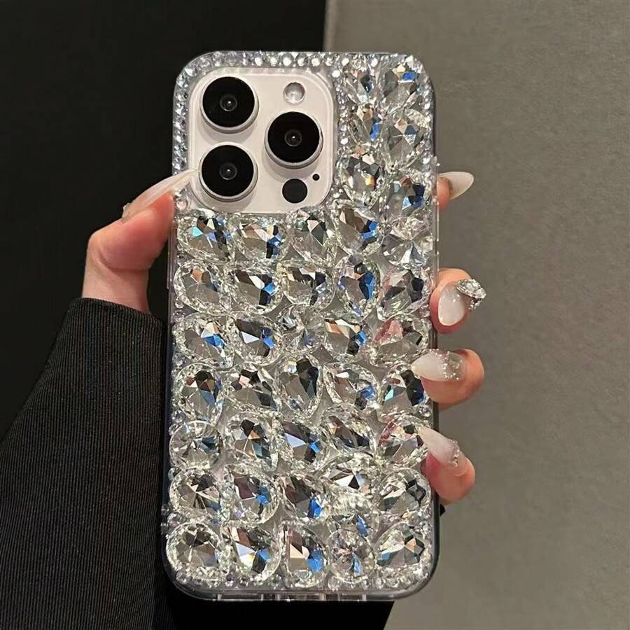 奢华全闪亮水钻镶嵌白色手机壳，兼容 14 Pro Max/ 14 Pro/ 14、 15 Pro Max/ 15 Pro/ 15、 16 Pro Max/ 16 Pro/ 16、 13、 11 和 12 女款 - 白色 - 查看 1