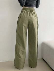 女款高腰抽绳直筒休闲裤，复古宽松阔腿裤 - 橄欖綠 - 查看 2